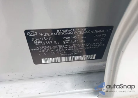 2016 Hyundai Sonata Se from USA, damaged, VIN 5NPE24AF9GH349200